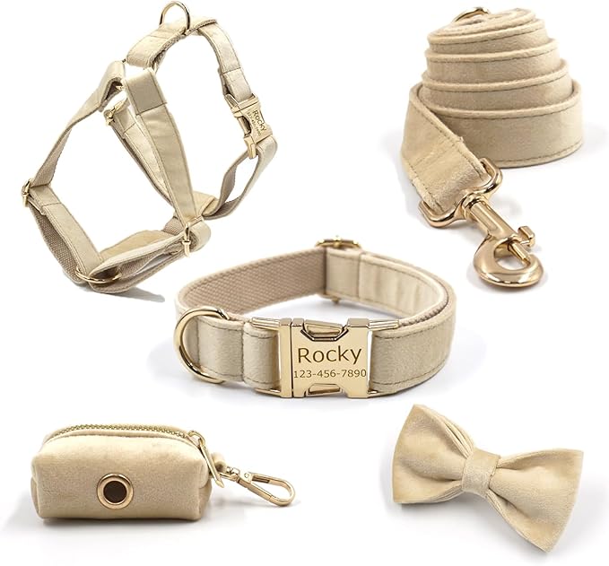 Personalized Velvet Dog Collars with Pet Name Phone Number Engraved, Custom Adjustable Soft Collar with Metal Buckle for Small Medium Large Dogs, Dog Leash and Bow Tie Available -Pale Brown