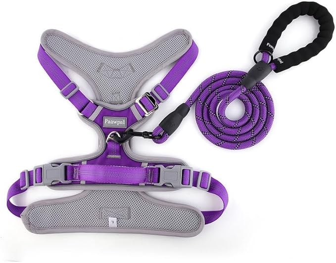 Adjustable Dog Harness - No Pull, Reflective, Soft Padded for Small, Medium, Large Dogs - Includes Leash Purple XL