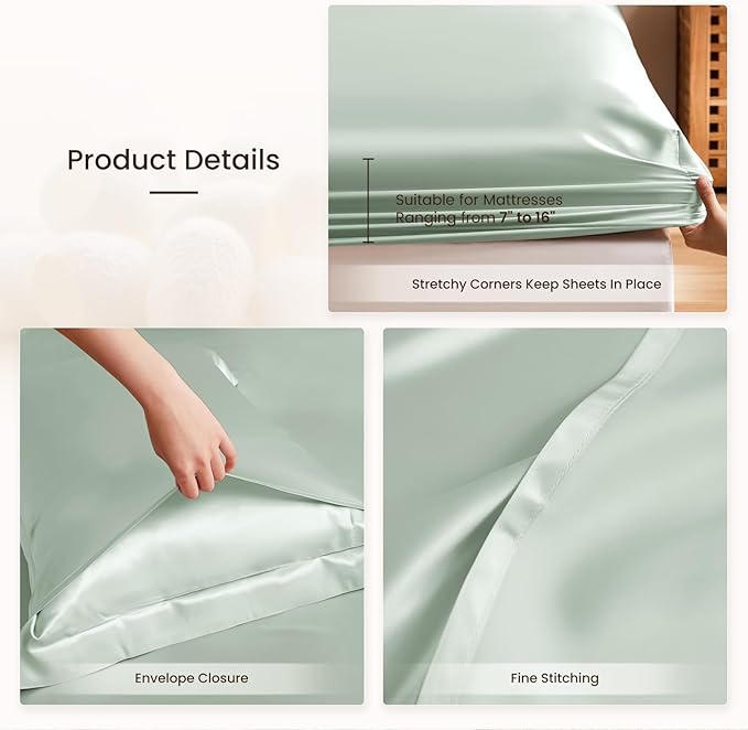 THXSILK Silk Sheet Set 4Pcs, 6A+ Top Grade 100% Natural Mulberry Silk Bed Sheets, Luxury Bedding Sets Ultra Soft Durable, 1 Fitted Sheet, 1 Flat Sheet and 2 Pillow Shams (Full, Light Blue)