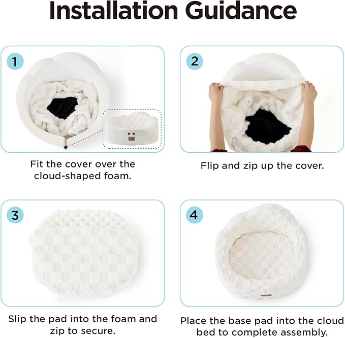 Joydeco Dog Bed for Small Dogs & Cats, Washable Cloud Pet Bed with Orthopedic Foam and Removable Checkered Plush Pad, Non-Slip Bottom for Indoor Puppies and Kittens, 27x24 Inch, White