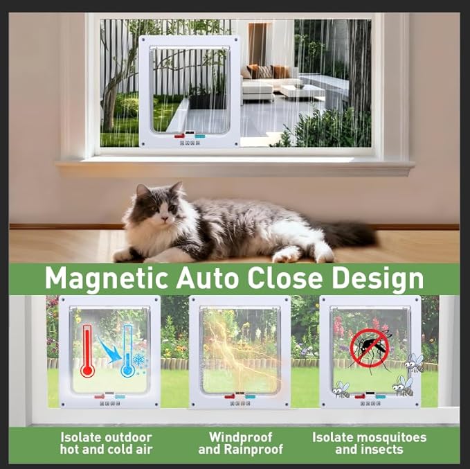Cat Door for Window, Safety Cat Window with 4 Locking Modes, Fits 12"-36" Window, Pet Friendly Window Cat Door Insert, Ease of Installation, Magnetic Closure, Weatherproof Design, Clear Plexiglass