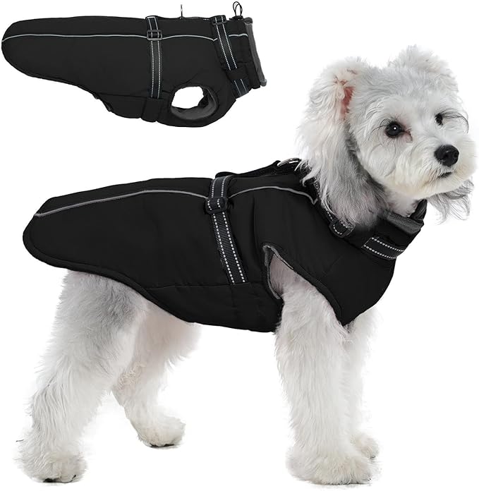 PUMYPOREITY Winter Fleece Coat for Small Dogs, Reflective Dog Jacket with Harness Built in, Waterproof Warm Coat for Dogs, Cold Weather Coats for Outdoor, Therma Windproof Pet Snowsuit, Black, S
