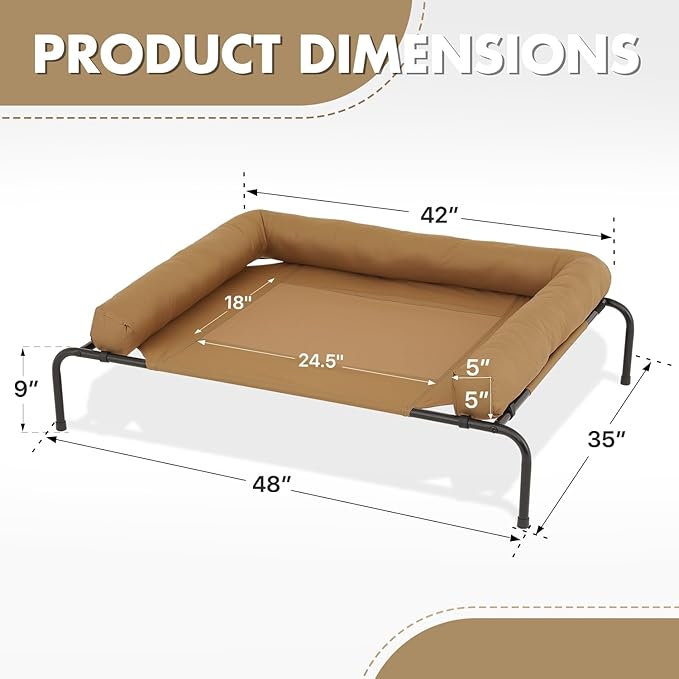 Athena Collection Outdoor Elevated Dog Bed with Removable Bolsters, 48 Inches Raised Dog Cot Washable with Metal Frame Non-Slip Feet for Medium Large Size Dog, Brown