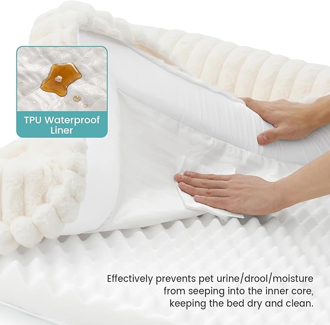 Cute Dog Bed, Faux Fur Orthopedic Foam Dog Bed with Sides, Removable Washable Cover & Waterproof Lining, Comfortable Pet Couch for Medium Dogs, Cream (36" L x 27" W x 6.5" Th)