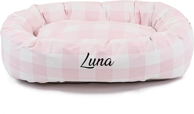 Majestic Pet Anderson Check Personalized Bagel Dog Bed | Donut Style Pet Bed with Custom Embroidered Pet Name | Various Fonts and Thread Colors Available (X-Large, Blush Pink)