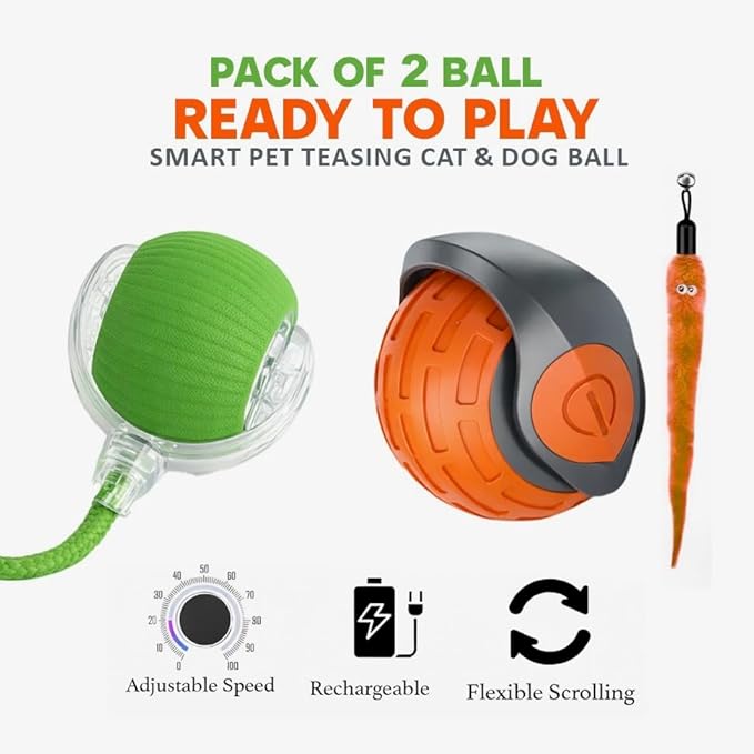 KBLZONE Interactive Cat Ball Toy – Smart Rolling Pet Ball with Obstacle Avoidance, USB Rechargeable, Cord Tail Design – Fun Enrichment Toy for Indoor Cats & Small Dogs (Orange + Green)