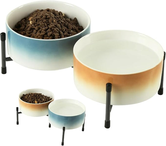 32 OZ Ceramic Dog Cat Bowl with Elevated Metal Stand, 6 Inch Ceramic Pet Dish for Food and Water, Pet Feeder Bowls for Cats & Dogs - Set of 2, Blue & Brown