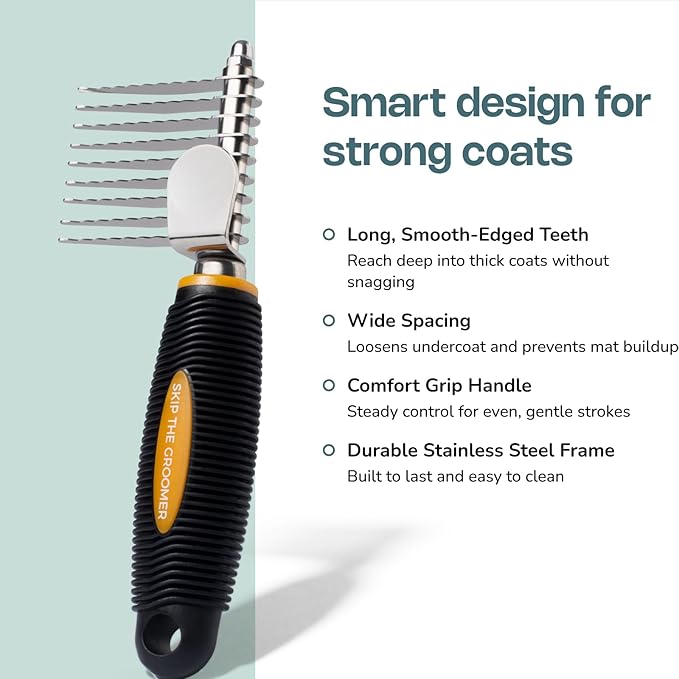 Rake Brush for dogs, Professional Dematting & Deshedding Brush with Long Smooth-Edged Teeth, Wide Spacing for Thick Coats, Comfort Grip Handle, Durable Stainless Steel Frame