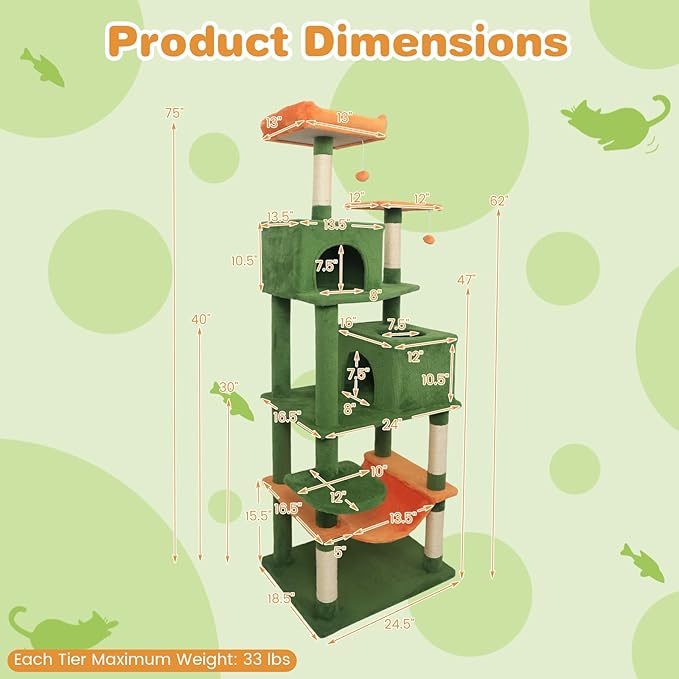 Tangkula Cat Tree for Indoor Cats, 75 Inch Extra Tall Cat Tower with Sisal Scratching Post, Padded Top Perch, Dual Condos, Hammock, 2 Dangling Balls, Platforms, Multi-Level Cat Climbing Furniture