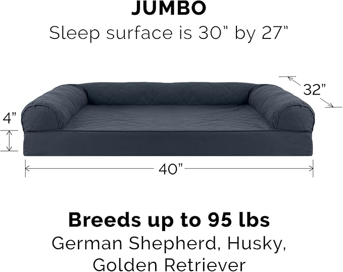 FurHaven Dreamer Sofa Orthopedic Dog Bed for Large Dogs with Orthopedic Egg Crate Memory Foam for Joint Support, Removable Washable Cover, Jumbo/XL, Quilted Sofa, Iron Gray