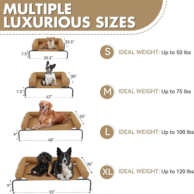 Athena Collection Outdoor Elevated Dog Bed with Removable Bolsters, 48 Inches Raised Dog Cot Washable with Metal Frame Non-Slip Feet for Medium Large Size Dog, Brown