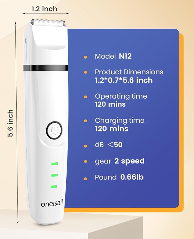 oneisall 4-in-1 Cordless Dog Grooming Kit with 2-Speed Clippers, Low Noise Paw Trimmer & Rechargeable Quiet Nail Grinder for Dogs and Cats (White)