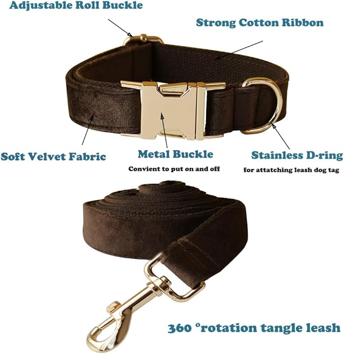 Love Dream Velvet Dog Collar and Leash Set, Soft & Comfy Adjustable Dog Leash and Collar with Heavy Duty Metal Buckle for Small Medium Large Dogs Training & Walking (Small, Brown)