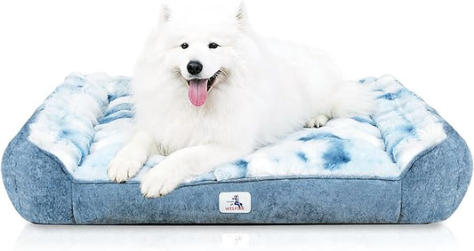 Orthopedic Dog Bed for Large Dogs - 48" Faux Fur Pet Couch with Removable Washable Cover, Nonskid Bottom, Supportive Foam, Comfortable Dog Sofa Bed for Medium Large Dogs, Tie-Dyed Blue