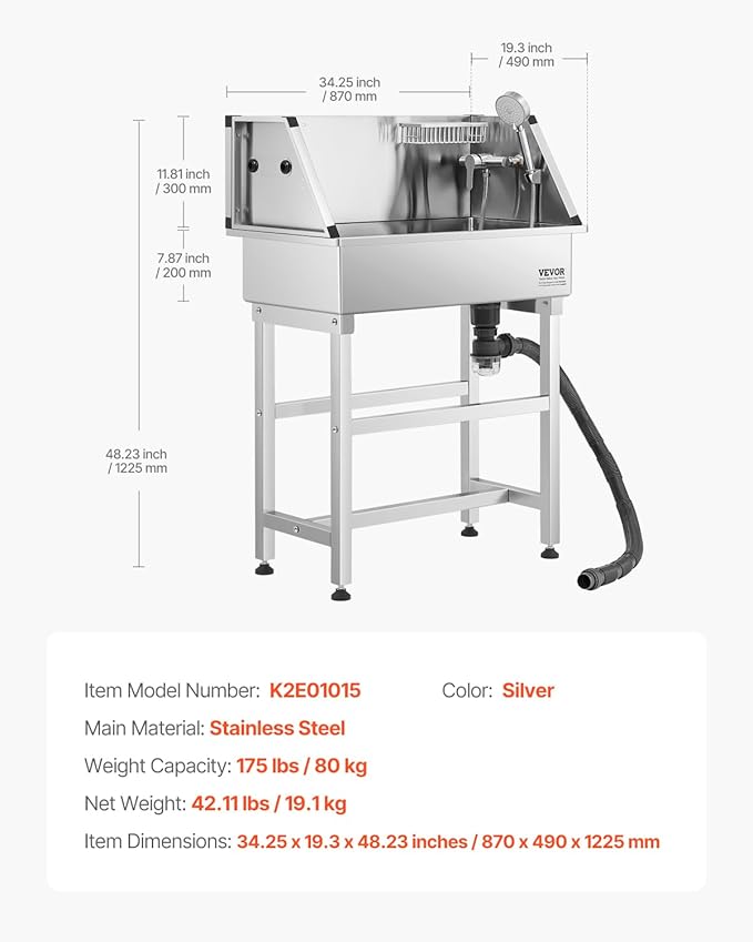 VEVOR 34 Inch Stainless Steel Dog Washing Station, Pet Grooming Tub with Hot & Cold Faucet, Showerhead, Storage Rack, No-Bend All-in-One Bathtub, Home Wash Sink, Fits Small Cats and Dogs