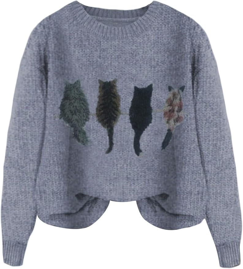 WDIRARA Women's Cat Graphic Sweater Long Sleeve Crew Neck Knit Tops Casual Knitwear