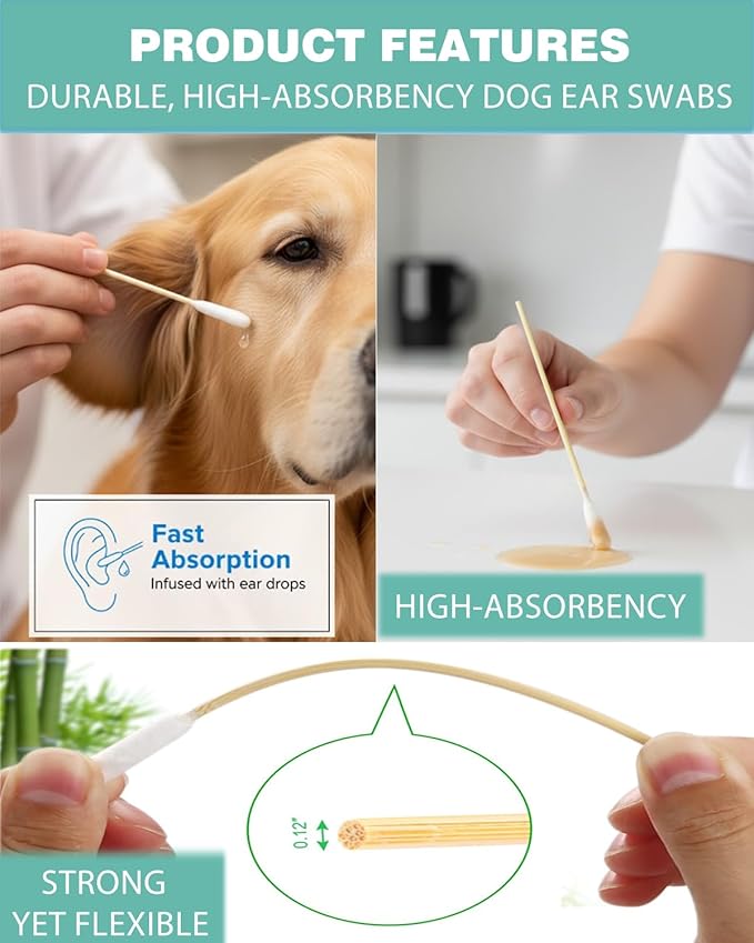 Dog Ear Cleaning, 500 Count – 4.72 Inch Bamboo Cotton Swabs with Large Lint-Free Absorbent Tips for Medium Dogs, Wax Removal & Grooming, Eco-Friendly, Resealable Pouch