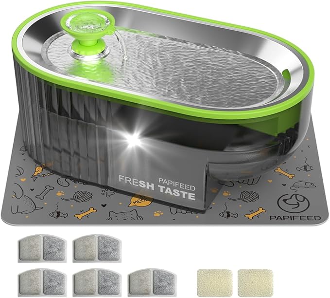 PAPIFEED Cat Water Fountain+ Stainless Steel Tray + 1 Silicone Mat+5 Filters+2 Sponges, 84 oz/2.5L Automatic Pet Drinking Fountain, Ultra Quiet Pet Fountain with Stainless Steel Tray, Easy to Clean