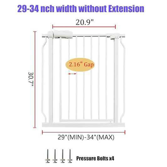 Walk Through Baby & Dog Gate 29-34 Inch, Pressure Mounted No Drilling, Indoor Safety Gate for Stairs & Doorways, Metal Design for Kids and Pets, White