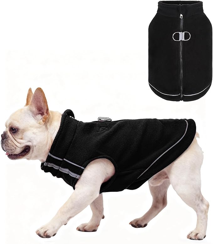 BEAUTYZOO Dog Fleece Vest Sweater Winter Jacket Zip Up Warm Pullover Step-in Dog Clothes with D-Ring Leash Cold Weater Reflective Coat Hoodie for for XS S M Dogs Puppy Cat Boy or Girl, Black Large