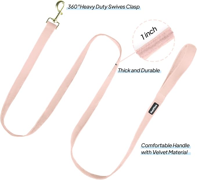 PetiFine Adjustable Pink Dog Collar and Leash Set, Super Soft Velvet with Metal Buckle for Small to Large Dogs