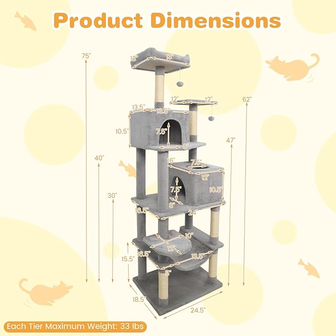 Tangkula Cat Tree for Indoor Cats, 75 Inch Extra Tall Cat Tower with Sisal Scratching Post, Padded Top Perch, Dual Condos, Hammock, 2 Dangling Balls, Platforms, Multi-Level Cat Climbing Furniture