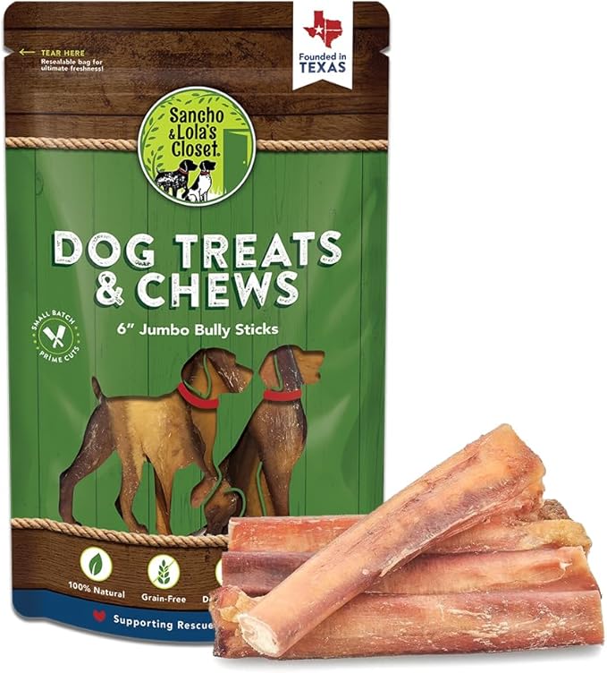 Supreme 6-inch Jumbo Bully Sticks by Sancho and Lola’s (5 Pack) All-Natural, Long-Lasting Dog Chew Treats - Free-Range, Grass-Fed Beef - Low Odor