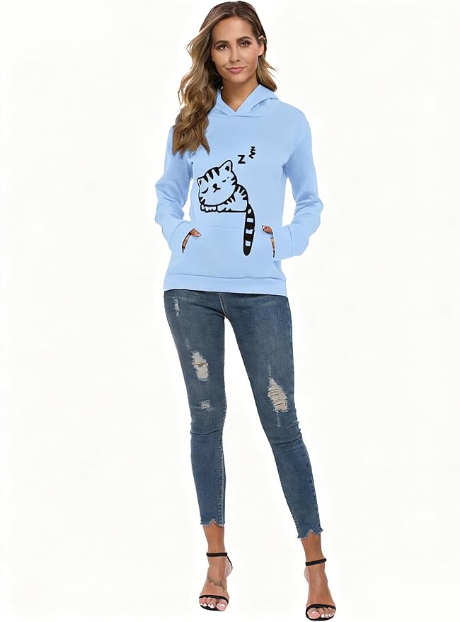 Women Teen Girls Hoodie Sweatshirt With Cute Cat Ear and Sleeping Cat Printed Pullover