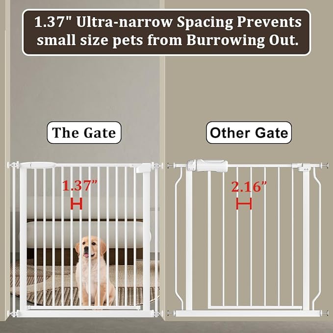 WAOWAO 1.37" Ultra Narrow Spacing Extra Wide Baby Gate 65.55-69.48" Pressure Mounted Walk Through Double Lock Swing Auto Close Safety White Metal Toddler Child Dog Pet for Indoor,Doorway,Kitchen
