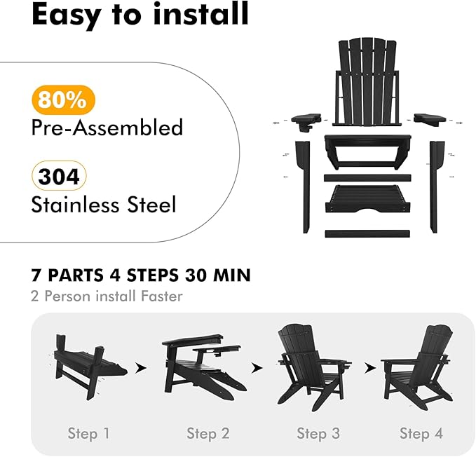 Folding Adirondack Chair with Retractable Ottoman,All Weather Fire Pit Chairs with Cup Holder,Outdoor Chair with Ottoman,Black