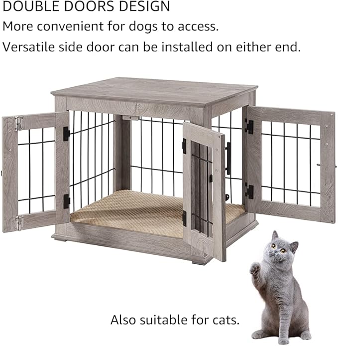 beeNbkks Furniture Style Dog Crate End Table, Double Doors Wooden Wire Dog Kennel with Pet Bed, Decorative Pet Crate Dog House Indoor Medium Large