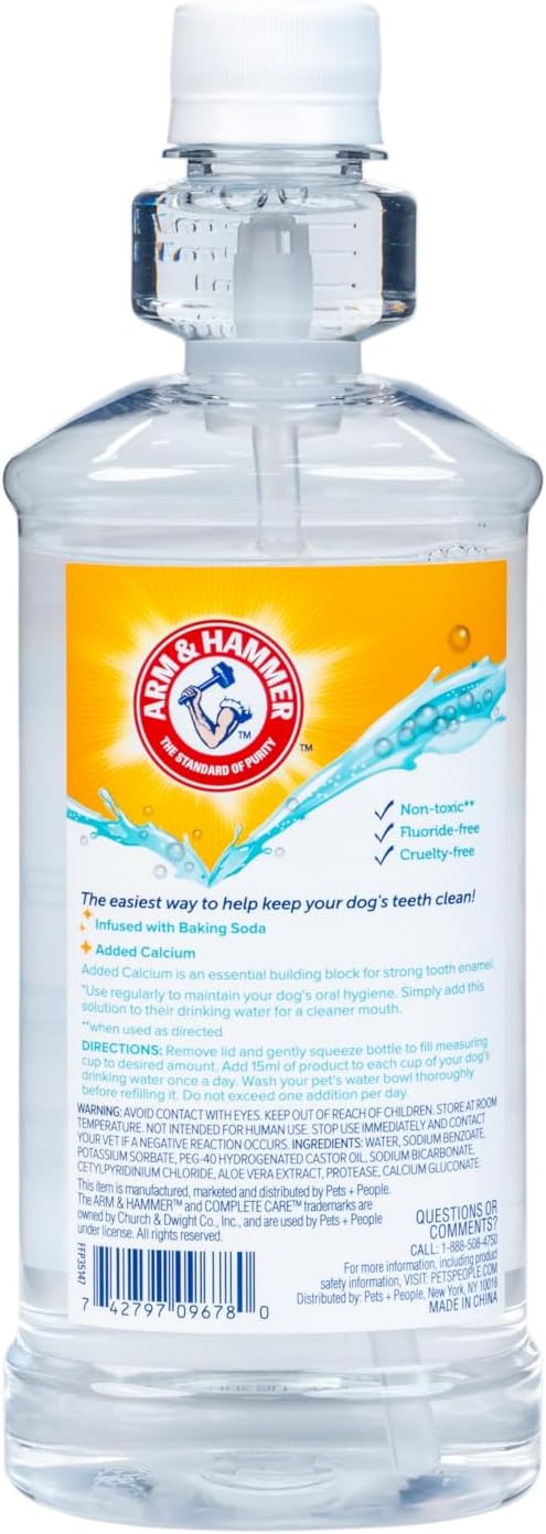 Arm & Hammer Complete Care Dental Water Additive for Dogs, Easy Portion Bottle, Dog Breath Freshener, Dog Mouth Wash or Dental Rinse, Simply Add to Pet Drinking Water for Fresher Breath, 16 FL OZ