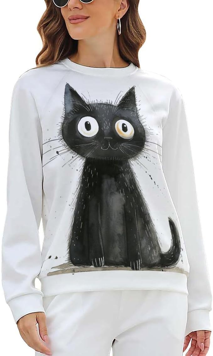Biacolum Long Sleeve Shirts for Women Mid Century Retro Style Atomic Cat 3D Graphic Sweatshirts Fall Crewneck Pullover Top