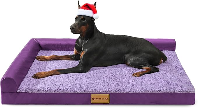 Patas Lague Orthopedic XL Dog Bed Large Sized Dog 48''X30'', Waterproof L Bolster Big Pet Sofa Beds with Removable Washable Cover, Soft Comfortable Pet Couch Crate Mat with Nonskid Bottom, Purple