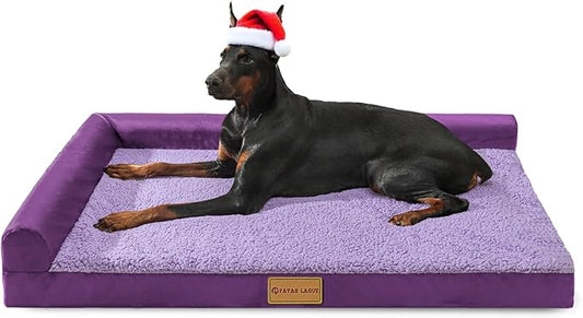 Patas Lague Orthopedic XL Dog Bed Large Sized Dog 48''X30'', Waterproof L Bolster Big Pet Sofa Beds with Removable Washable Cover, Soft Comfortable Pet Couch Crate Mat with Nonskid Bottom, Purple