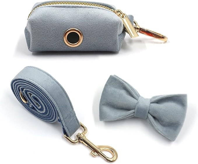Personalized Velvet Dog Collars with Pet Name Phone Number Engraved, Custom Adjustable Soft Collar with Metal Buckle for Small Medium Large Dogs, Dog Leash and Bow Tie Available -Haze Blue