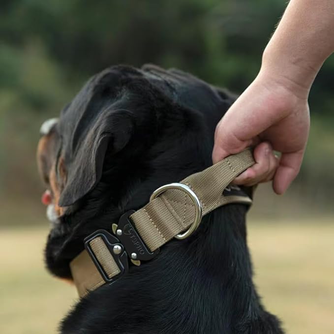 TSPRO Premium Dog Collars Tactical Dog Collar with Handle and Heavy Duty Quick-Release Metal Buckle Durable Thick and Adjustable for Medium to Large Dogs (Khaki L)