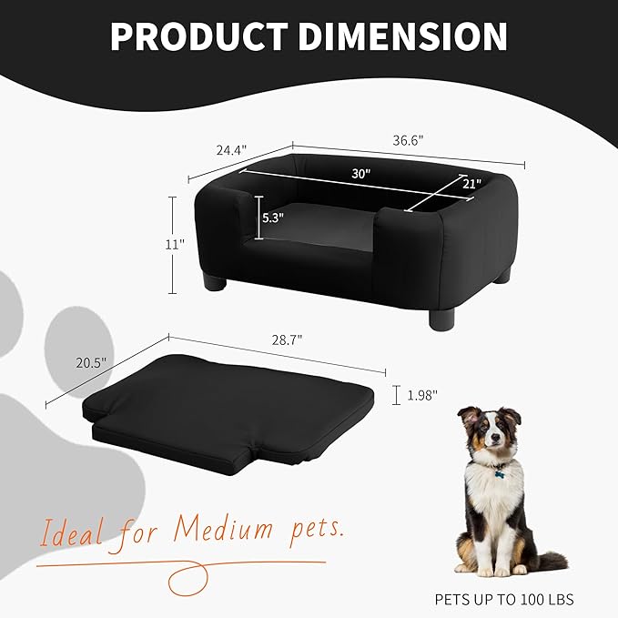37-Inch Modern Pet Sofa with PU Scratch-Resistant Fabric and Adjustable Legs, Elevated Dog Couch for Small and Medium Dogs, Comfortable Dog Sofa Bed