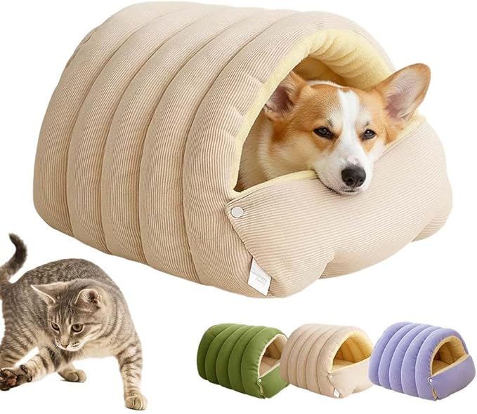 Cat Dog Cave Bed, 2026 New Winter Cave for Dog and Cat, Warm Plush Covered Cat House with Removable Cushion, Soft Sleeping Bed for Indoor Cats (Beige, Medium)