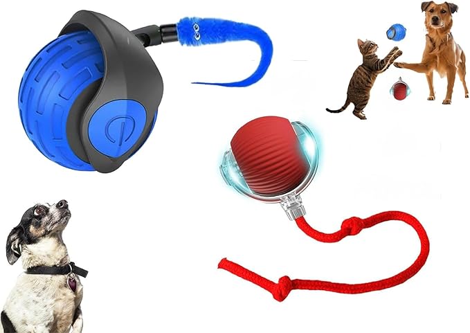 KBLZONE Interactive Cat Ball Toy – Smart Rolling Pet Ball with Obstacle Avoidance, USB Rechargeable, Cord Tail Design – Fun Enrichment Toy for Indoor Cats & Small Dogs (Blue + Red)