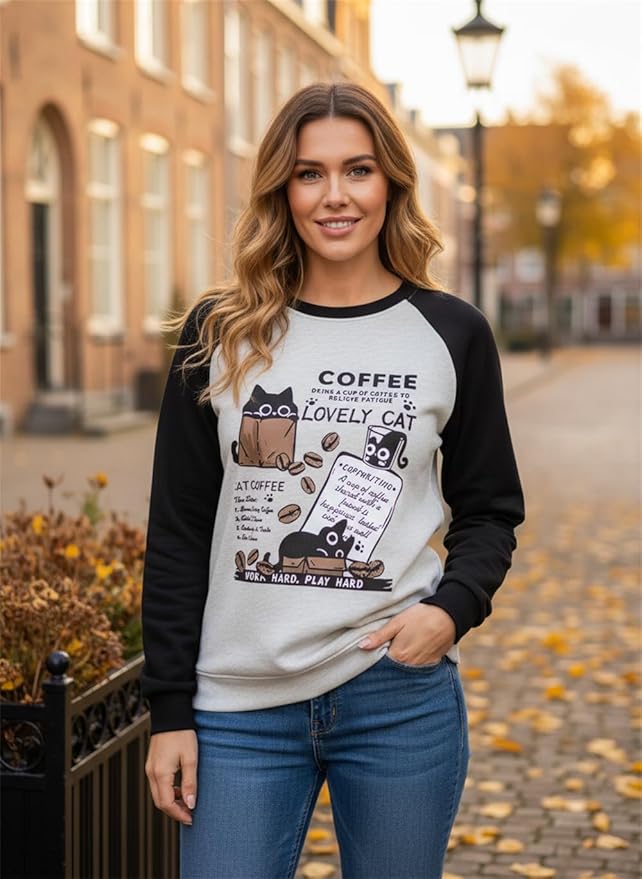 IVERIRMIN Women's 3D Cute Cat Print Sweatshirt Casual Long Sleeve Crewneck Cute Cat Pullover Loose Fit Shirts