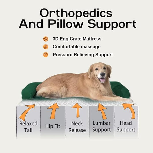 Large Dog Bed Orthopedic Washable Extra XXXLarge Big Dog Bed with Washable Bolster & Memory Foam Couch Sofa - Waterproof with Removable Cover - Emerald