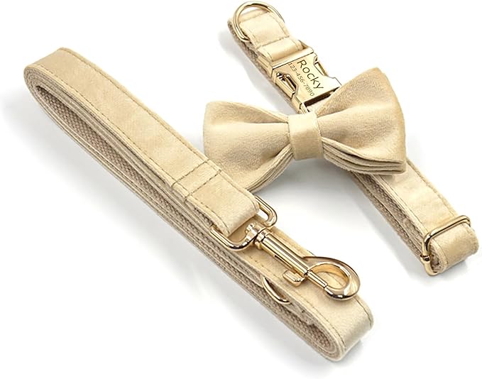 Personalized Velvet Dog Collars with Pet Name Phone Number Engraved, Custom Adjustable Soft Collar with Metal Buckle for Small Medium Large Dogs, Dog Leash and Bow Tie Available -Pale Brown