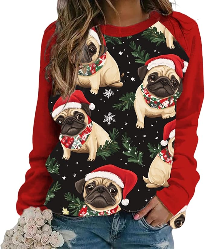Womens Ugly Christmas Sweatshirt Funny Cat Dog Printed Xmas Pullover Shirts Crewneck Long Sleeve Graphic Hoodies