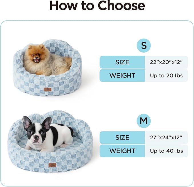 Joydeco Dog Bed for Small Dogs & Cats, Washable Cloud Pet Bed with Orthopedic Foam and Removable Checkered Plush Pad, Non-Slip Bottom for Indoor Puppies and Kittens, 27x24 Inch, Light Blue