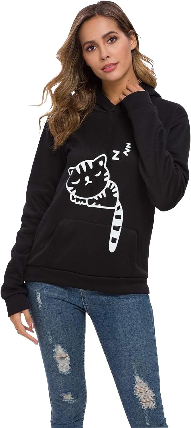 Women Teen Girls Hoodie Sweatshirt With Cute Cat Ear and Sleeping Cat Printed Pullover