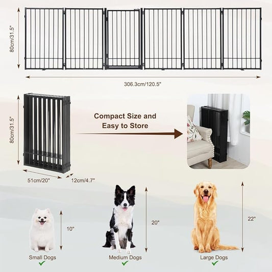 Metal Freestanding Dog Gate with Door, Extra Wide 121", 31" Height Foldable Dog Gates for Doorways, Tall Pet Fence Indoor Outdoor Pet Gates, 6 Panels Pet Barrier for Stairs Hallways, Black