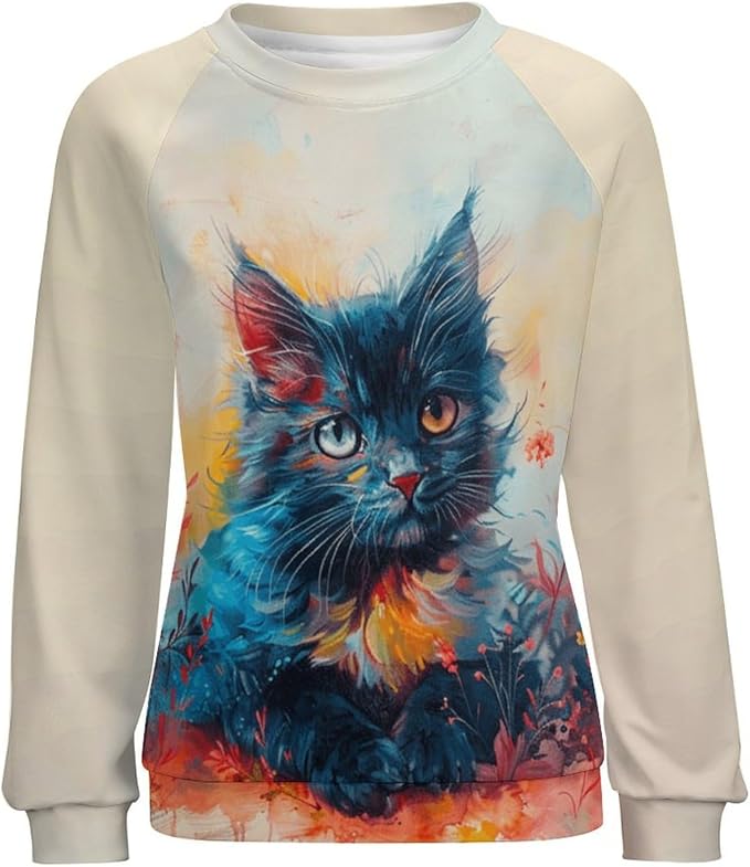 Womens novelty funny cat printed crewneck sweatshirt casual loose long sleeve graphic pullover sweatshirts tops