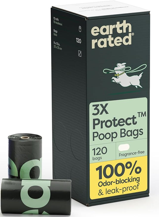 Earth Rated Odor-Blocking Poop Bags for Dogs with 3X Protect, Guaranteed to Block Smells & Leak-Proof Performance, Conceals Smell & Mess, Unscented, 120 Count