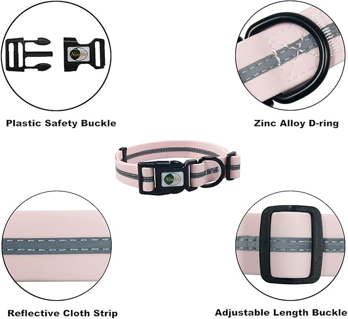 NIMBLE Dog Collar Waterproof Pet Collars Adjustable, Reflective, Durable Flex Poly Coated Nylon Basic Dog Collars 9 Colors in Size S/M/L (Light Pink, Small (9.45”-14.17”inches))